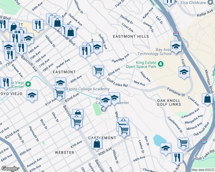 map of restaurants, bars, coffee shops, grocery stores, and more near 8210 MacArthur Boulevard in Oakland