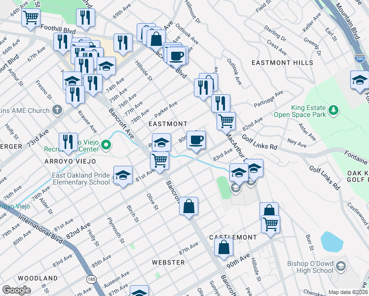 map of restaurants, bars, coffee shops, grocery stores, and more near 2342 80th Avenue in Oakland