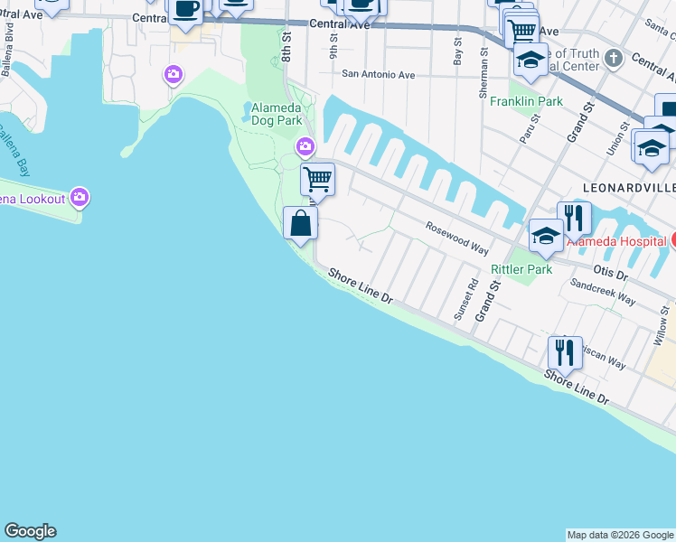map of restaurants, bars, coffee shops, grocery stores, and more near 300 Westline Drive in Alameda