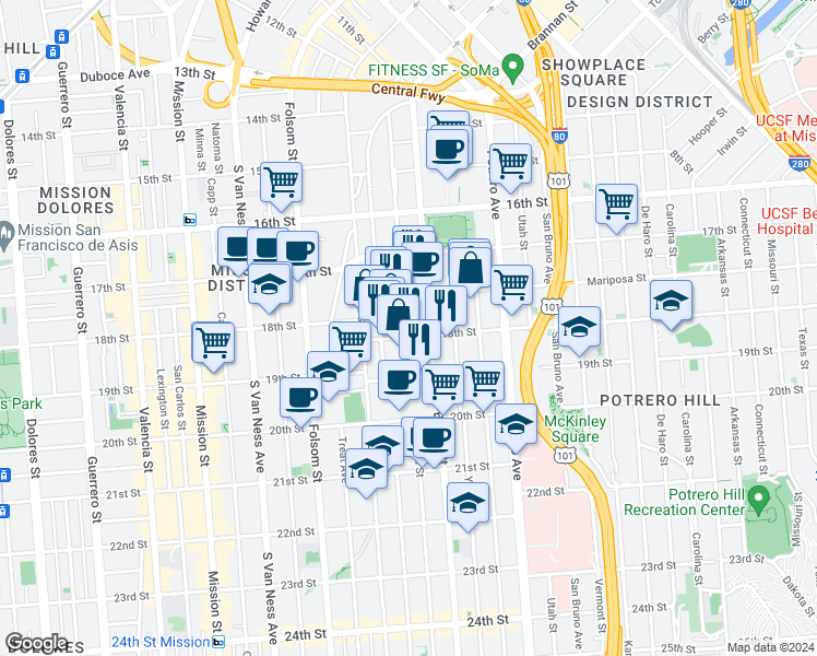 map of restaurants, bars, coffee shops, grocery stores, and more near 1940 Bryant Street in San Francisco
