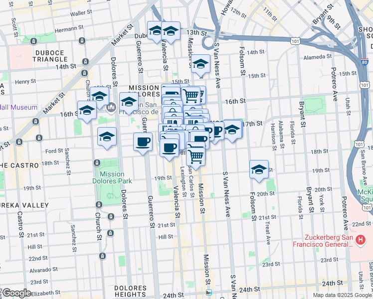 map of restaurants, bars, coffee shops, grocery stores, and more near 661 Valencia Street in San Francisco