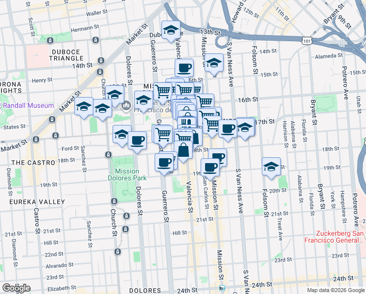 map of restaurants, bars, coffee shops, grocery stores, and more near 53 Dearborn Street in San Francisco