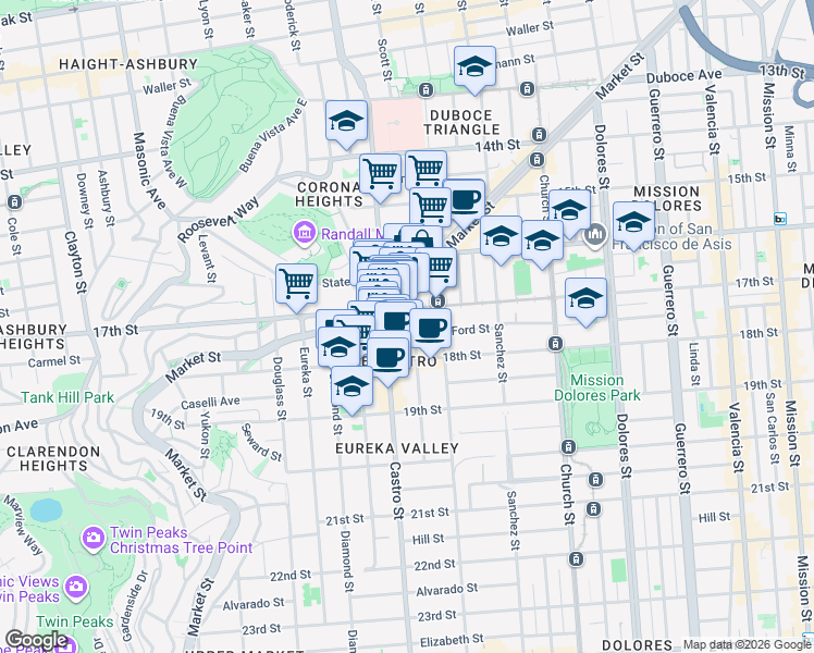 map of restaurants, bars, coffee shops, grocery stores, and more near in San Francisco