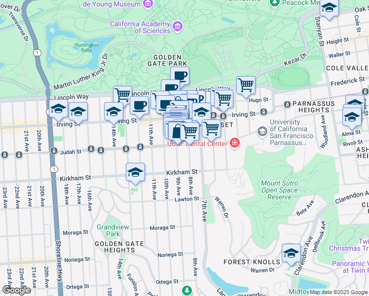 map of restaurants, bars, coffee shops, grocery stores, and more near 1382 9th Avenue in San Francisco