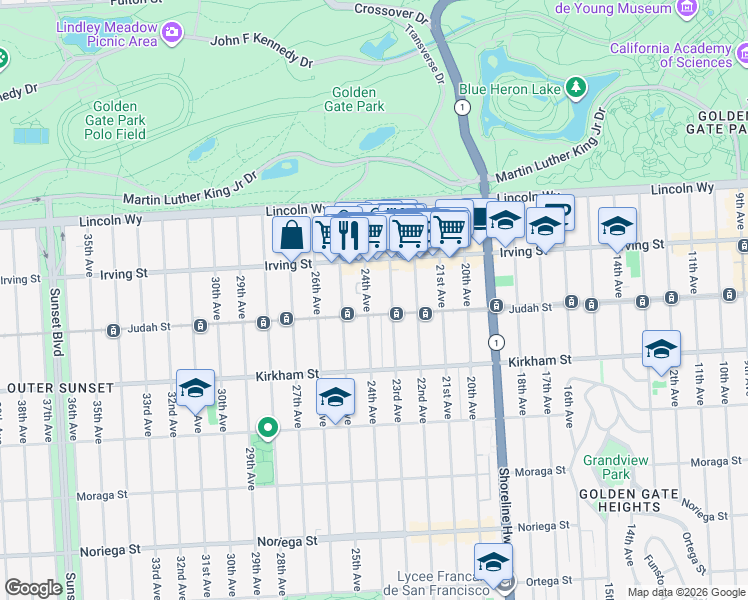 map of restaurants, bars, coffee shops, grocery stores, and more near 1351 24th Avenue in San Francisco