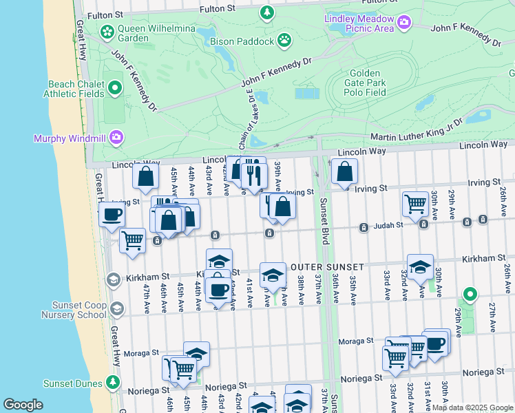 map of restaurants, bars, coffee shops, grocery stores, and more near 3932 Irving Street in San Francisco