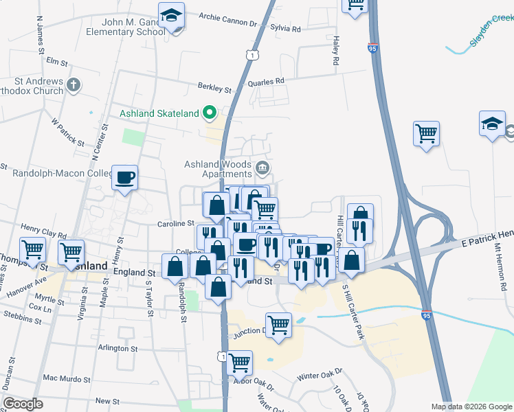 map of restaurants, bars, coffee shops, grocery stores, and more near 101 Omni Road in Ashland
