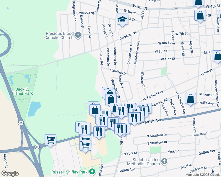 map of restaurants, bars, coffee shops, grocery stores, and more near 1160 Wayside Drive West in Owensboro