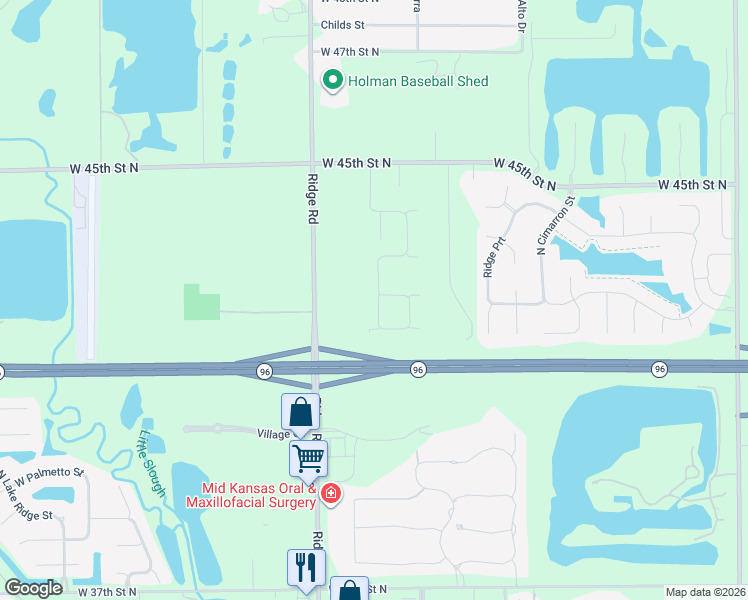 map of restaurants, bars, coffee shops, grocery stores, and more near 4330 North Ridge Road in Wichita