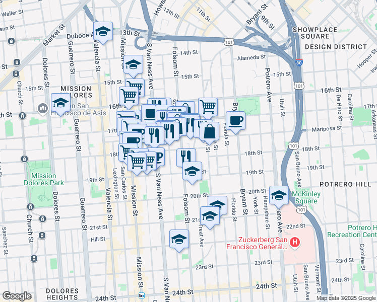 map of restaurants, bars, coffee shops, grocery stores, and more near 500 Treat Avenue in San Francisco