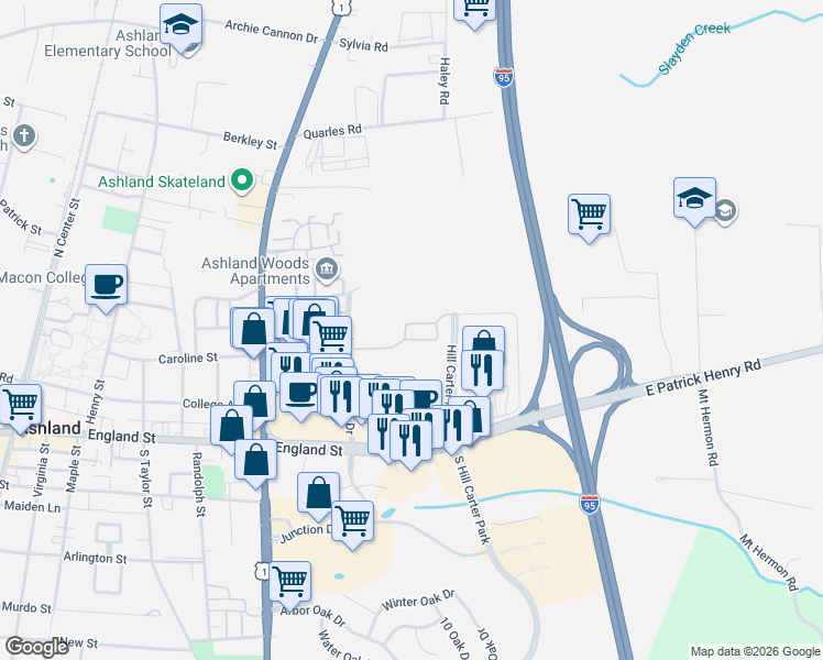 map of restaurants, bars, coffee shops, grocery stores, and more near 909 Kitty Hamilton Circle in Ashland