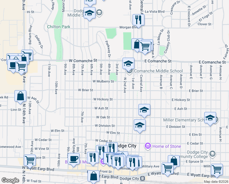 map of restaurants, bars, coffee shops, grocery stores, and more near 1503 3rd Avenue in Dodge City