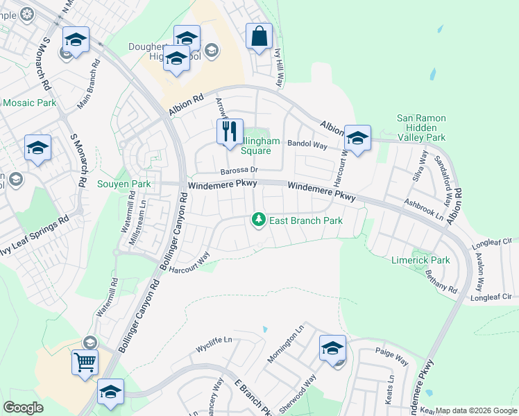 map of restaurants, bars, coffee shops, grocery stores, and more near 3333 Rutherglen Drive in San Ramon
