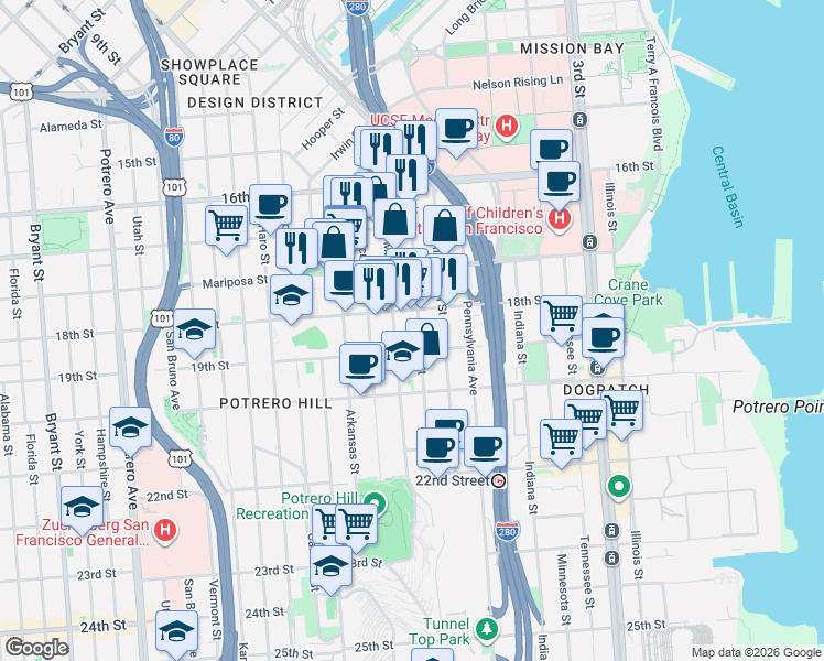 map of restaurants, bars, coffee shops, grocery stores, and more near 301 Texas Street in San Francisco