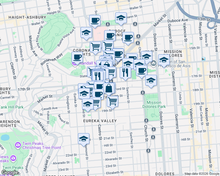 map of restaurants, bars, coffee shops, grocery stores, and more near 3909 17th Street in San Francisco