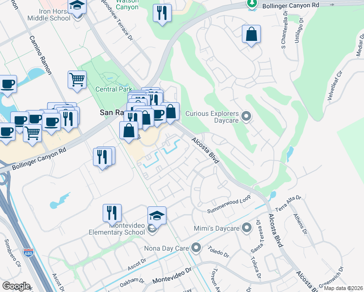 map of restaurants, bars, coffee shops, grocery stores, and more near 135 Reflections Drive in San Ramon