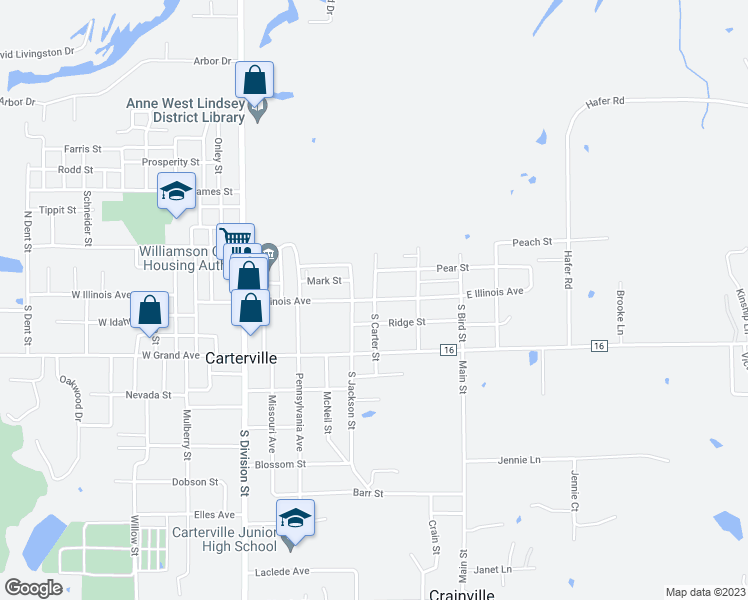 map of restaurants, bars, coffee shops, grocery stores, and more near 101 South Carter Street in Carterville