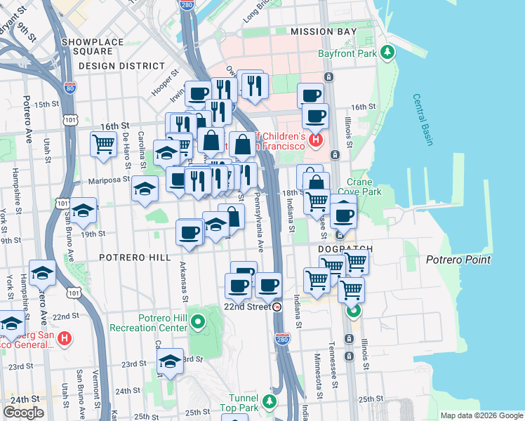 map of restaurants, bars, coffee shops, grocery stores, and more near 300 Pennsylvania Avenue in San Francisco