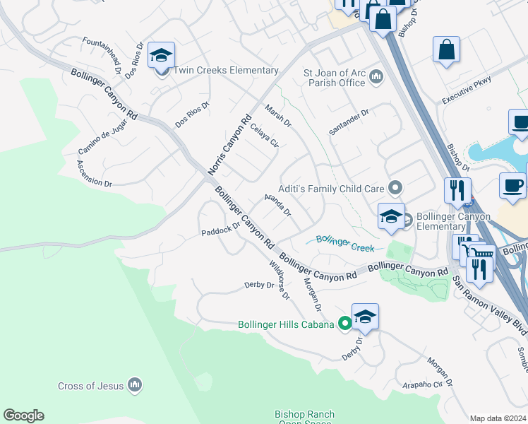 map of restaurants, bars, coffee shops, grocery stores, and more near 3712 Manacor Court in San Ramon