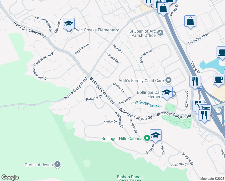 map of restaurants, bars, coffee shops, grocery stores, and more near 3712 Manacor Court in San Ramon