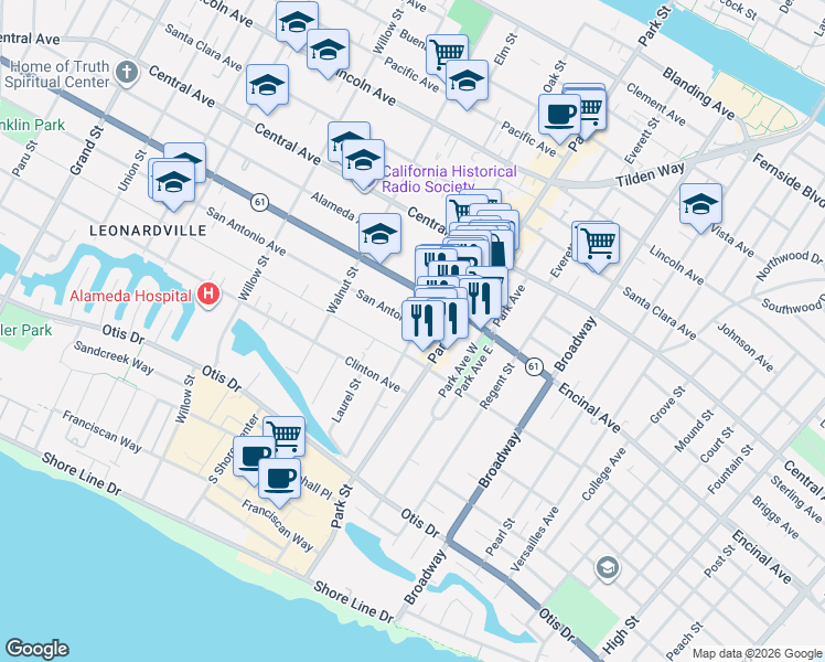 map of restaurants, bars, coffee shops, grocery stores, and more near 1110 Oak Street in Alameda