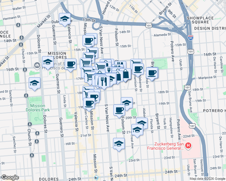 map of restaurants, bars, coffee shops, grocery stores, and more near 18th Street in San Francisco