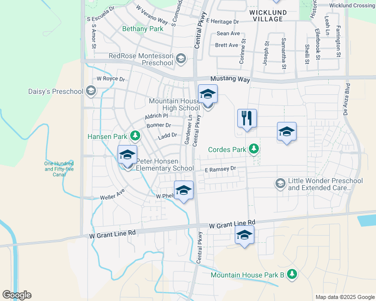 map of restaurants, bars, coffee shops, grocery stores, and more near 1265 South Central Parkway in Tracy