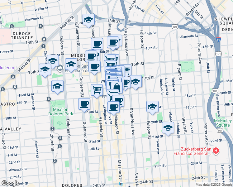 map of restaurants, bars, coffee shops, grocery stores, and more near 2191 Mission Street in San Francisco