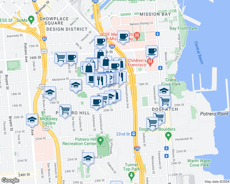 map of restaurants, bars, coffee shops, grocery stores, and more near 343 Texas Street in San Francisco