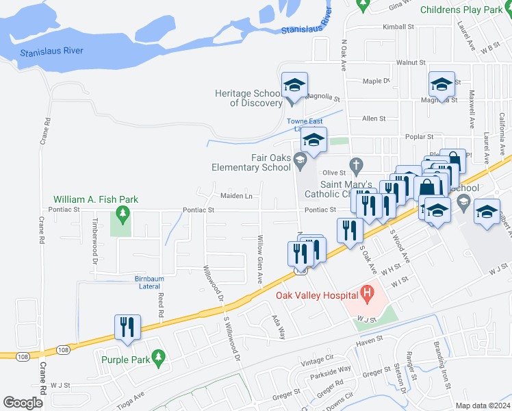 map of restaurants, bars, coffee shops, grocery stores, and more near 74 Willow Glen Avenue in Oakdale