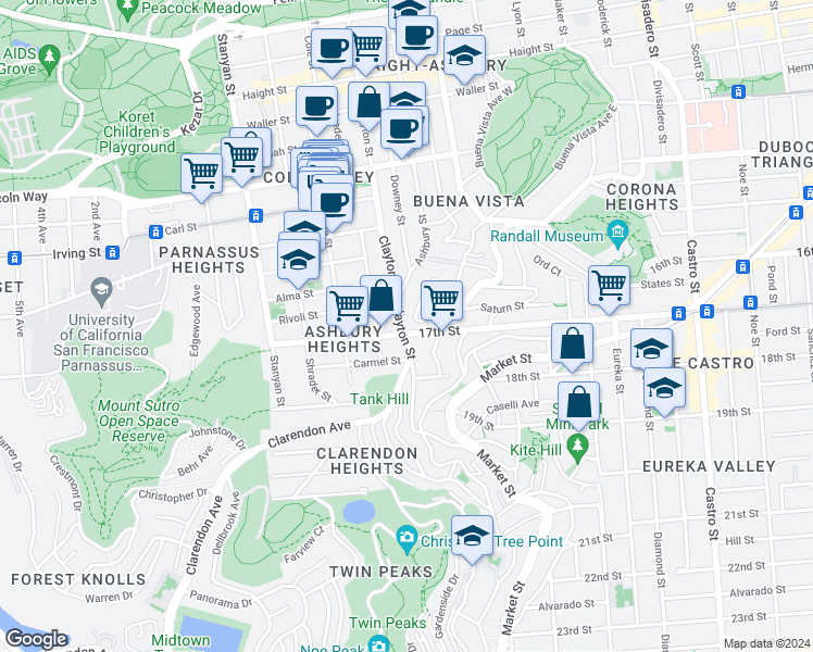 map of restaurants, bars, coffee shops, grocery stores, and more near 1180 Clayton Street in San Francisco