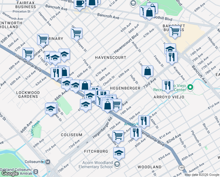 map of restaurants, bars, coffee shops, grocery stores, and more near 6921 Morken Street in Oakland