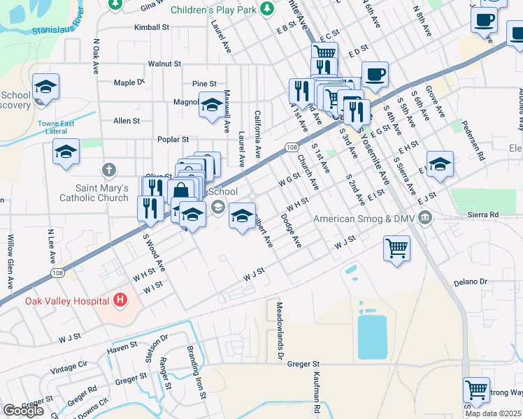 map of restaurants, bars, coffee shops, grocery stores, and more near 243 Gilbert Avenue in Oakdale