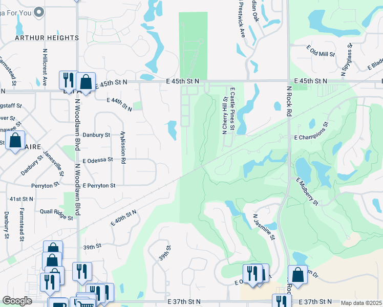 map of restaurants, bars, coffee shops, grocery stores, and more near 4318 Barton Creek Circle in Wichita