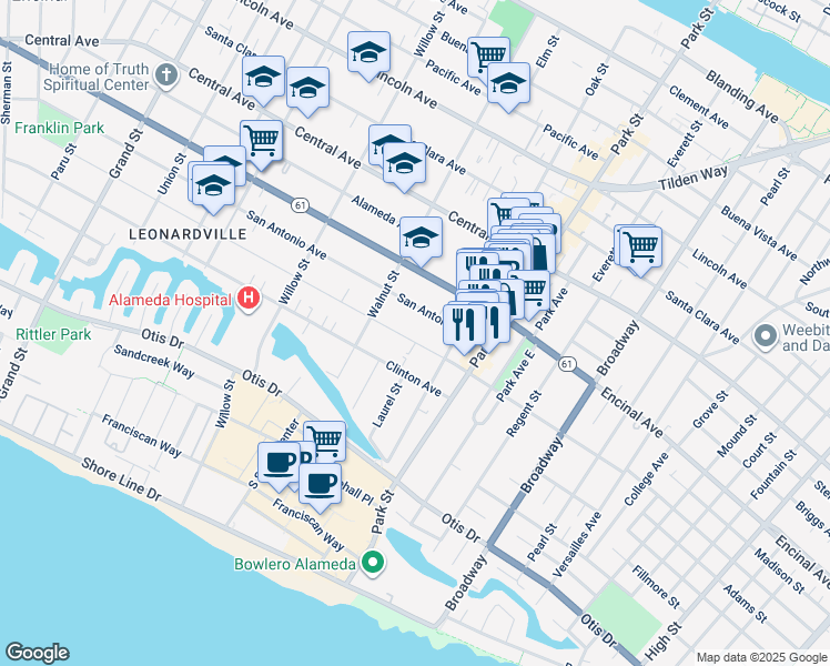 map of restaurants, bars, coffee shops, grocery stores, and more near 2241 San Jose Avenue in Alameda