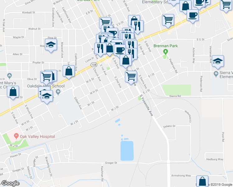 map of restaurants, bars, coffee shops, grocery stores, and more near 20 East I Street in Oakdale