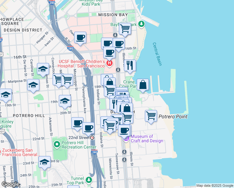 map of restaurants, bars, coffee shops, grocery stores, and more near 638 19th Street in San Francisco
