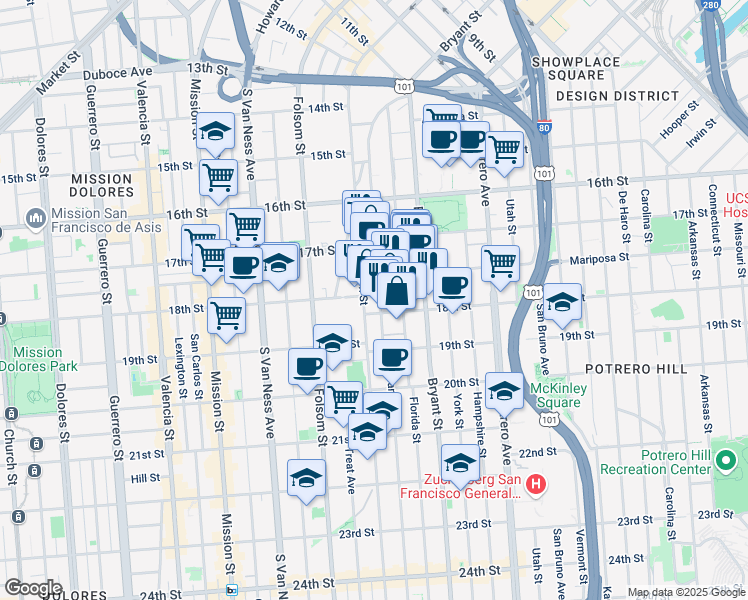 map of restaurants, bars, coffee shops, grocery stores, and more near 515 Alabama Street in San Francisco