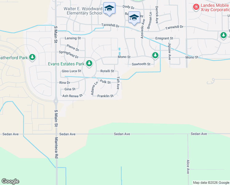 map of restaurants, bars, coffee shops, grocery stores, and more near 2656 Coolidge Place in Manteca