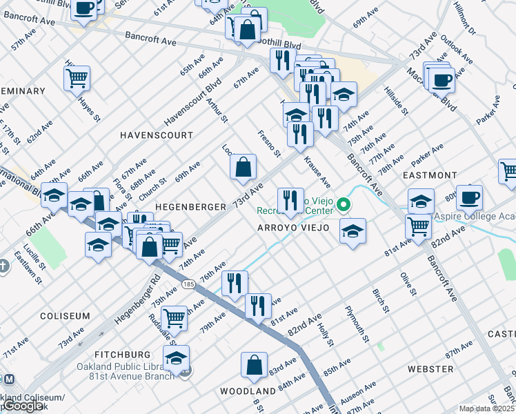 map of restaurants, bars, coffee shops, grocery stores, and more near 7344 Weld Street in Oakland