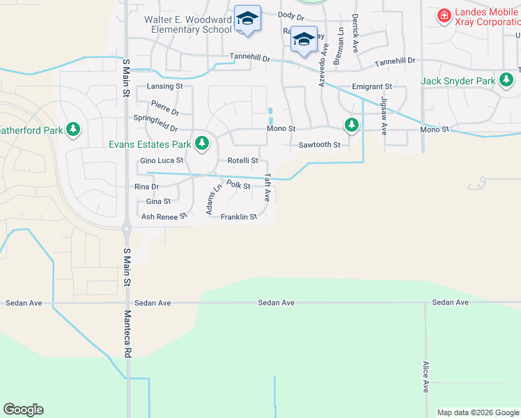 map of restaurants, bars, coffee shops, grocery stores, and more near 2656 Coolidge Place in Manteca