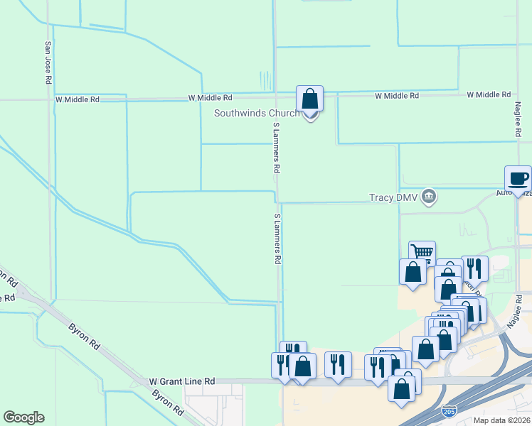 map of restaurants, bars, coffee shops, grocery stores, and more near 21643 South Lammers Road in Tracy