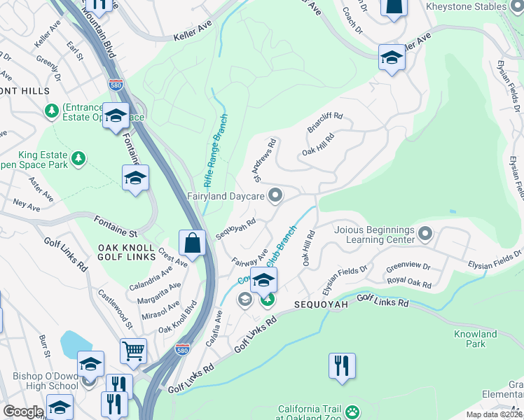 map of restaurants, bars, coffee shops, grocery stores, and more near 8958 Barcelona Street in Oakland