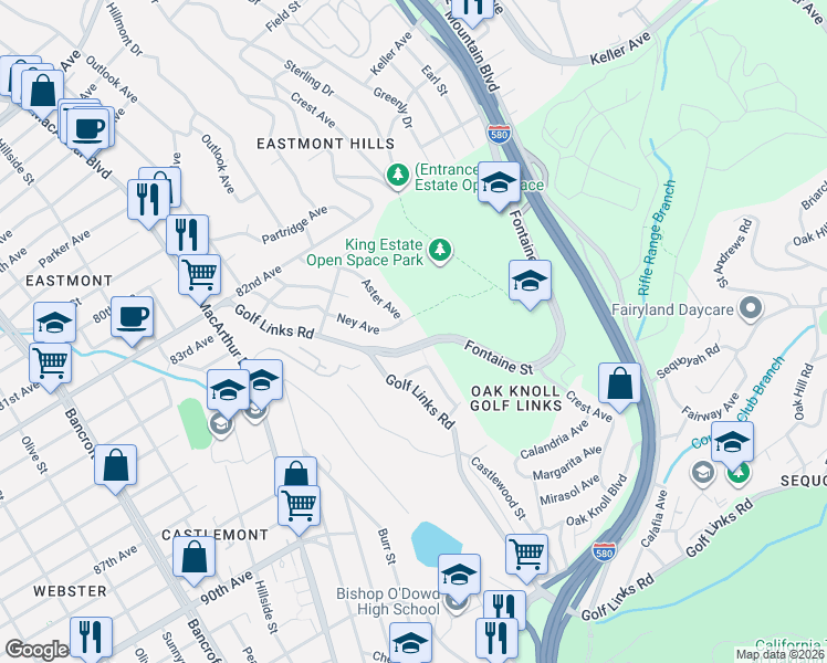map of restaurants, bars, coffee shops, grocery stores, and more near 8505 Ney Avenue in Oakland