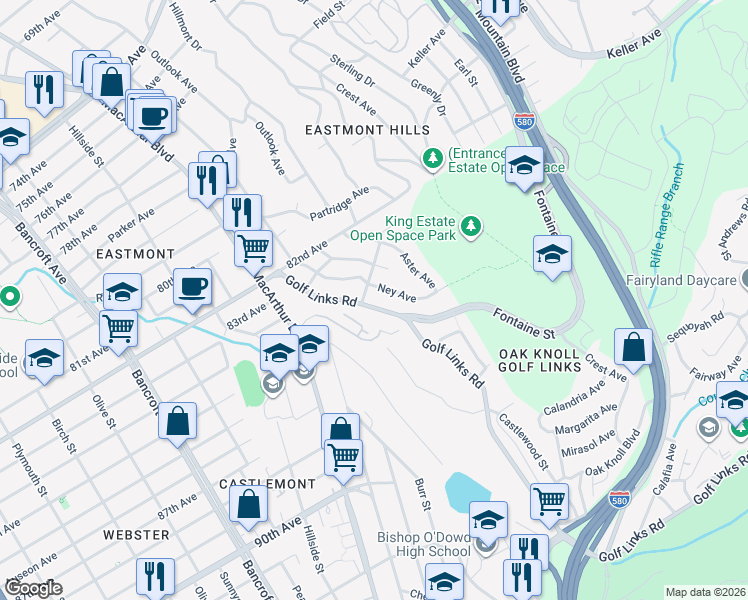 map of restaurants, bars, coffee shops, grocery stores, and more near 8415 Ney Avenue in Oakland