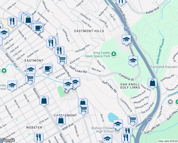 map of restaurants, bars, coffee shops, grocery stores, and more near 8415 Ney Avenue in Oakland