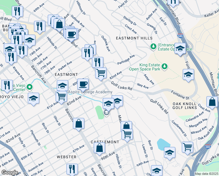 map of restaurants, bars, coffee shops, grocery stores, and more near 8210 MacArthur Boulevard in Oakland