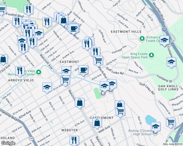 map of restaurants, bars, coffee shops, grocery stores, and more near 2517 82nd Avenue in Oakland
