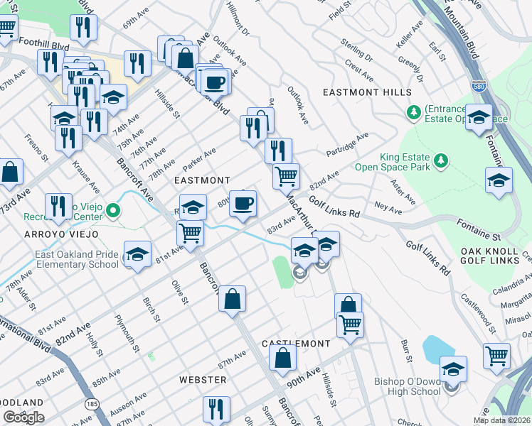 map of restaurants, bars, coffee shops, grocery stores, and more near 2517 82nd Avenue in Oakland