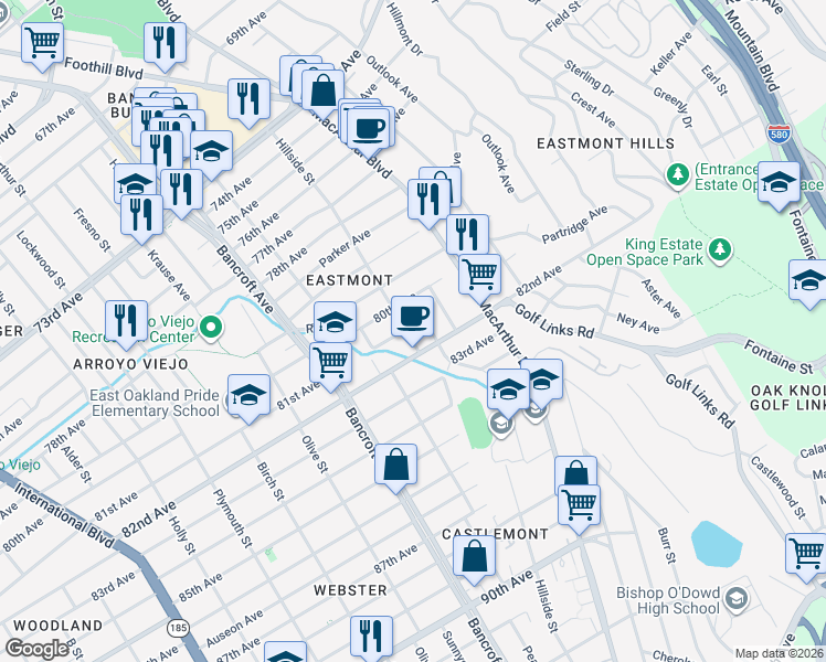map of restaurants, bars, coffee shops, grocery stores, and more near 8039 Iris Street in Oakland